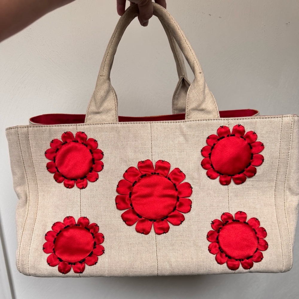 Prada Canapa  Large tote with Satin Florals 16.5” wide 10 “ long